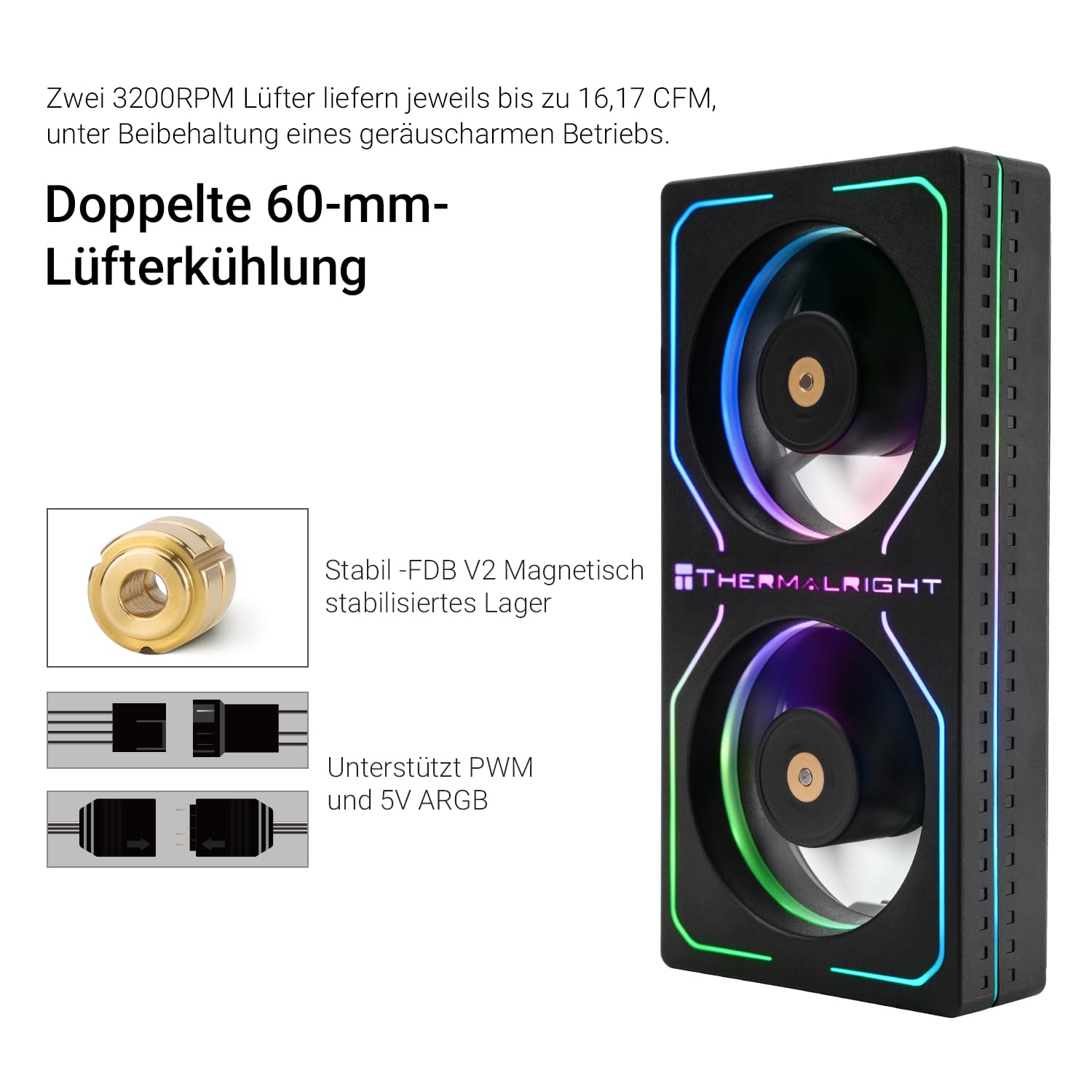Thermalright MC-2 ARGB Black Memory Cooler, double ventilateur avec design PWM 3200 tr/min, refroidisseur de RAM silencieux, flux d'air de 16,17 CFM pour kits de RAM DDR5/DDR4 de bureau