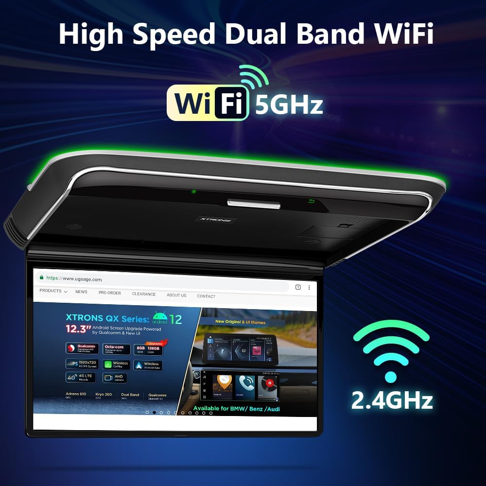 XTRONS Android Car Overhead Player 14 Inch Wide IPS Screen 1920x1080 Car Roof Mount Monitor with Built-in Stereo Speakers Flip Down Overhead Car Monitor Support WiFi, HDMI Input, USB, CVBS Input