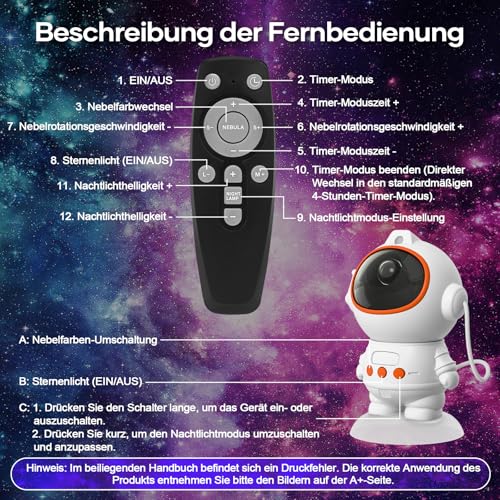 Fokky Sternenhimmel Astronaut Projektor, LED Nachtlicht Kinder mit 8 Sternenhimmel-Modi und Sternenprojektions-Nachtlichtfunktion, Fernbedienung, Galaxy Projector mit Timer für Kinder und Erwachsene