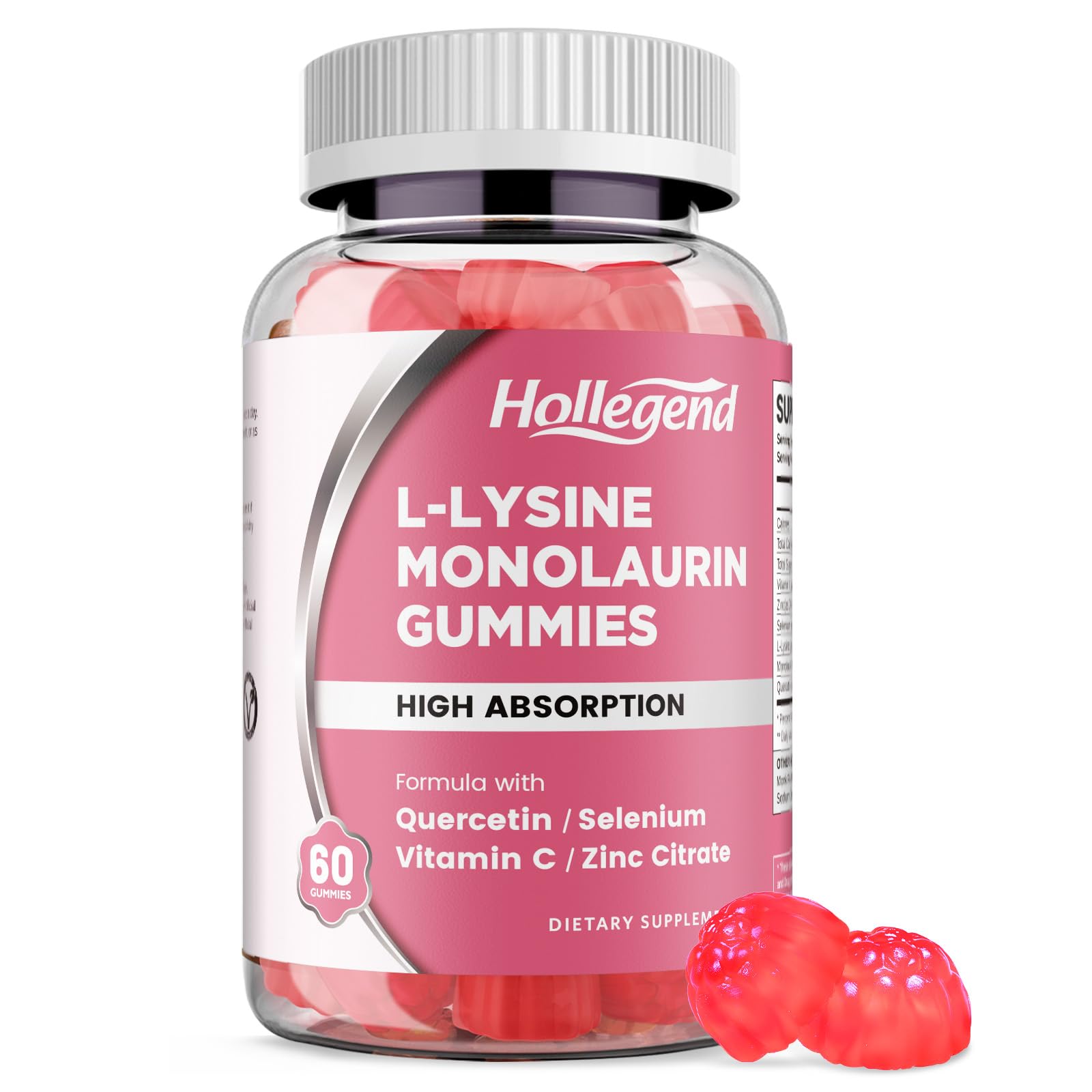L-Lysine Monolaurin Gummies, Monolaurin and Lysine 1000mg Supplement for Adults & Kids, with Vitamin C, Zinc, Selenium & Quercetin, Immune & Overall