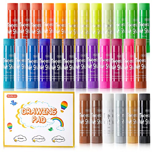 Shuttle Art Tempera Paint Sticks, 31 Pack Solid Tempera Paint Set, 30 Colours with 1 Drawing Pad for Kids, 70% More Paint VolumeWashable, Super Quick Drying, Great on Paper Wood Glass Ceramic Canvas