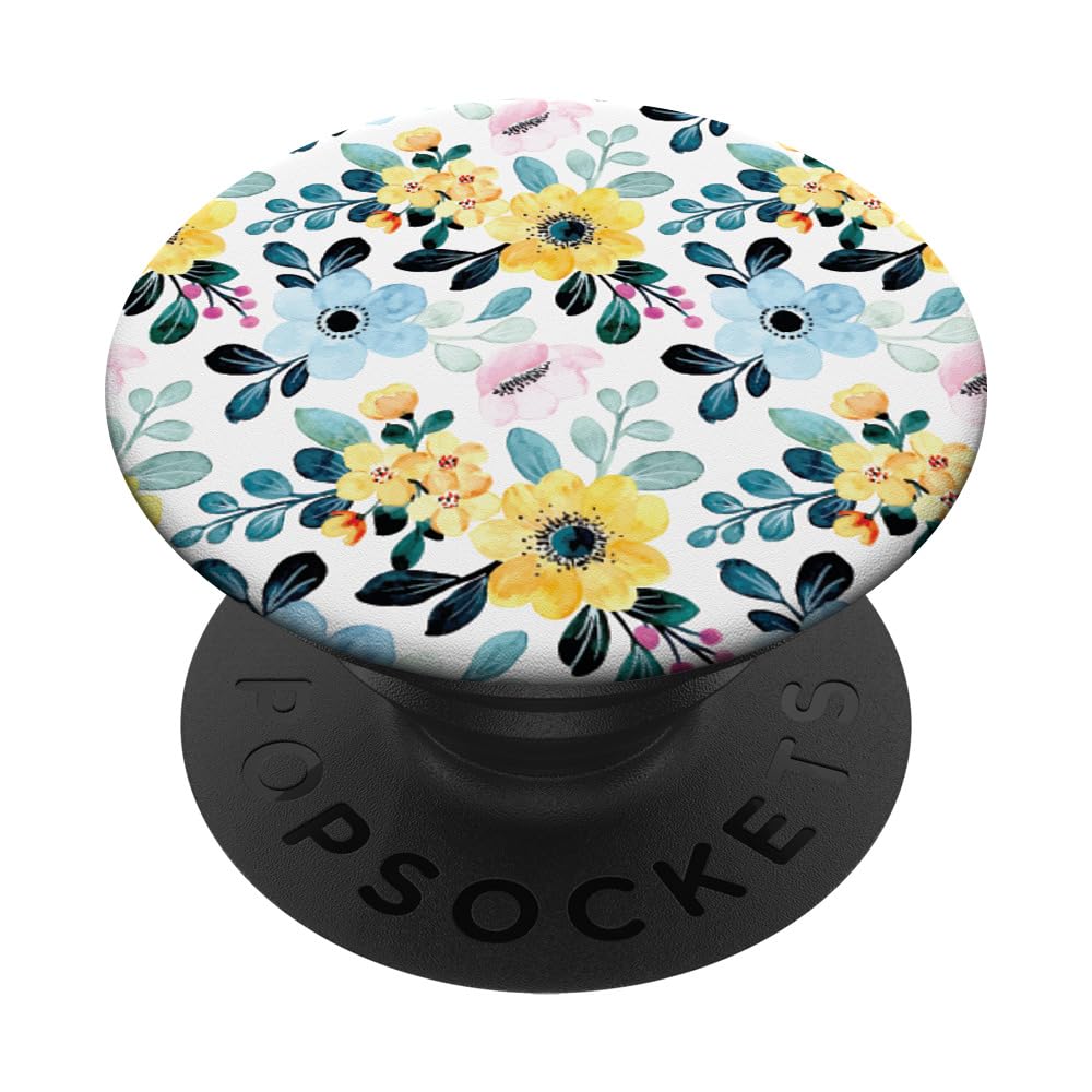 Yellow Blue Floral Watercolor Pattern PopSockets Adhesive PopGrip