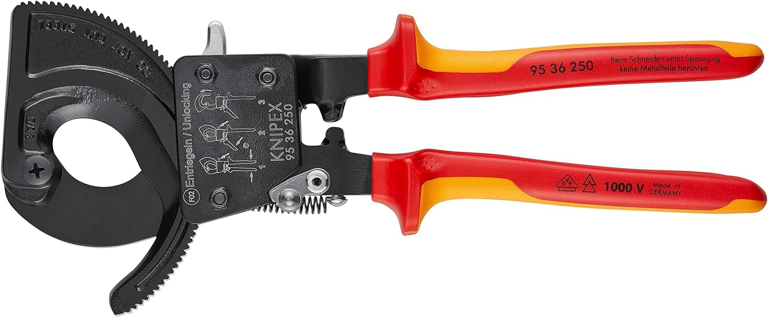 Knipex Coupe-câbles à cliquet, 250 mm, 1000V pour câble Cu et AI jusqu'à 32 mm (240 mm²), coupe-câbles, coupe-fils, forte démultiplication, 95 36 250