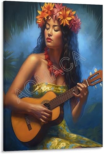 Miniatura 1 de Póster hawaiano de niña hula de niña, pintura hawaiana que toca el ukelele, decoración de arte en lienzo, cuadros e impresiones artísticas de pared