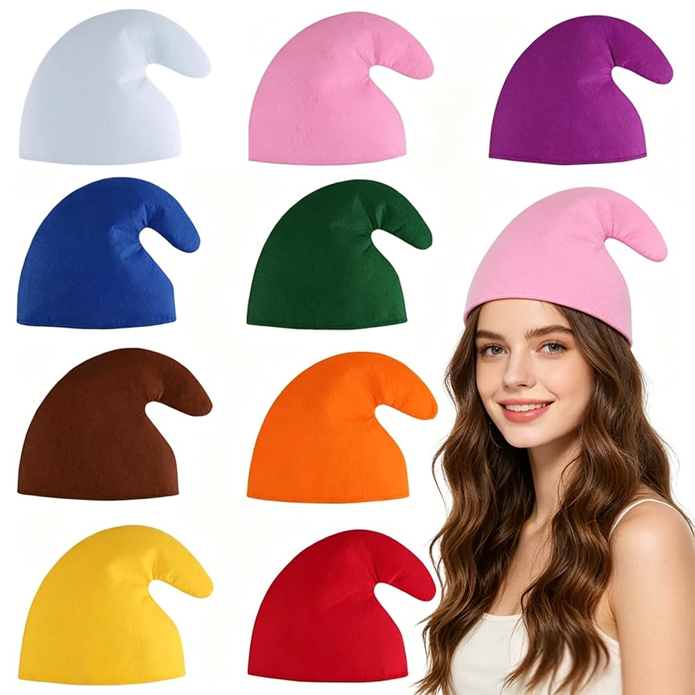 VorErgyllic 9 Pack Gnome Hats for Adults, Colourful Dwarf Costume Hats Lightweight Non-Woven Christmas Party Headwear, Costume Accessories for Birthday Halloween Cosplay Party