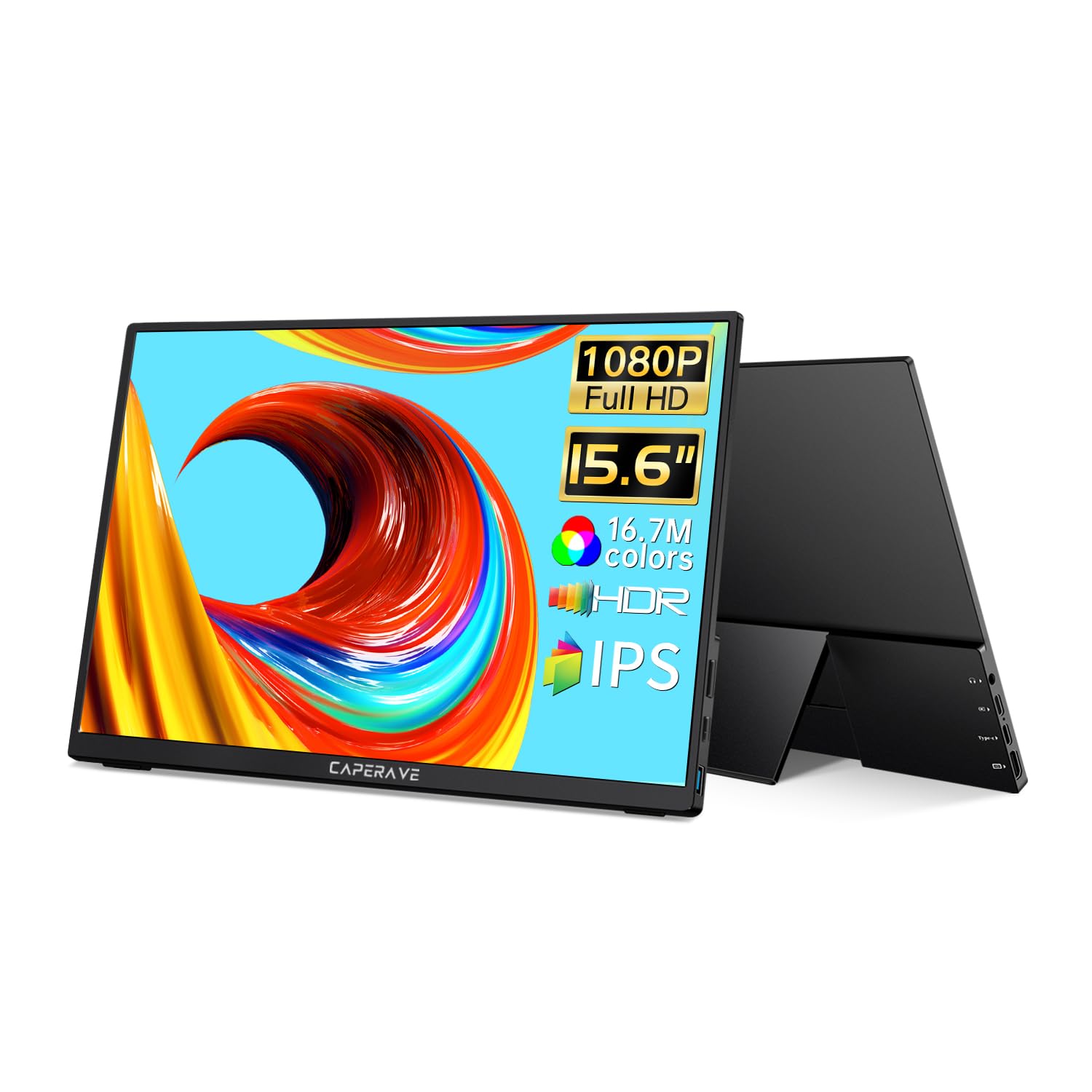 CAPERAVE Monitor portátil FHD IPS de 15,6" con altavoces y un soporte, ultrafino, segunda pantalla para ordenador portátil/PC/Mac, puerto USB C y HDMI, incluye funda protectora