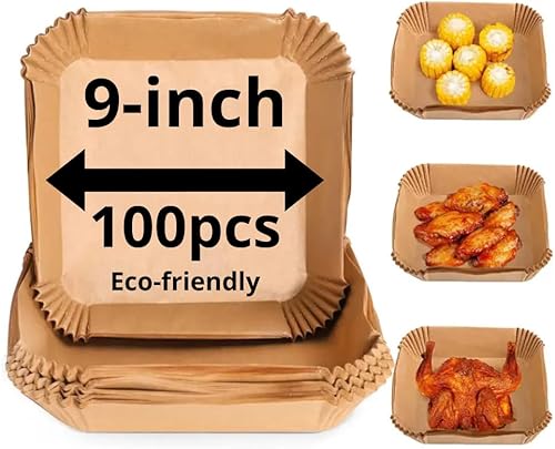 Cuadrados de papel para hornear para freidora de aire, paquete de 100, 9 pulgadas, forros de pergamino fáciles de cortar para cocinar sin