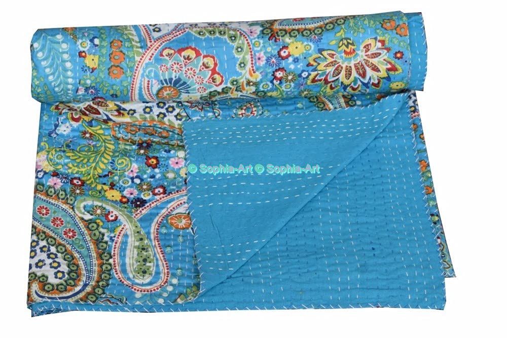 Sophia-Art Kantha Quilt King/Twin - ręcznie robiony indyjski koc z bawełny, wzór kaszmiru, na łóżko lub sofę (turkusowy, King 90 x 108 cali)