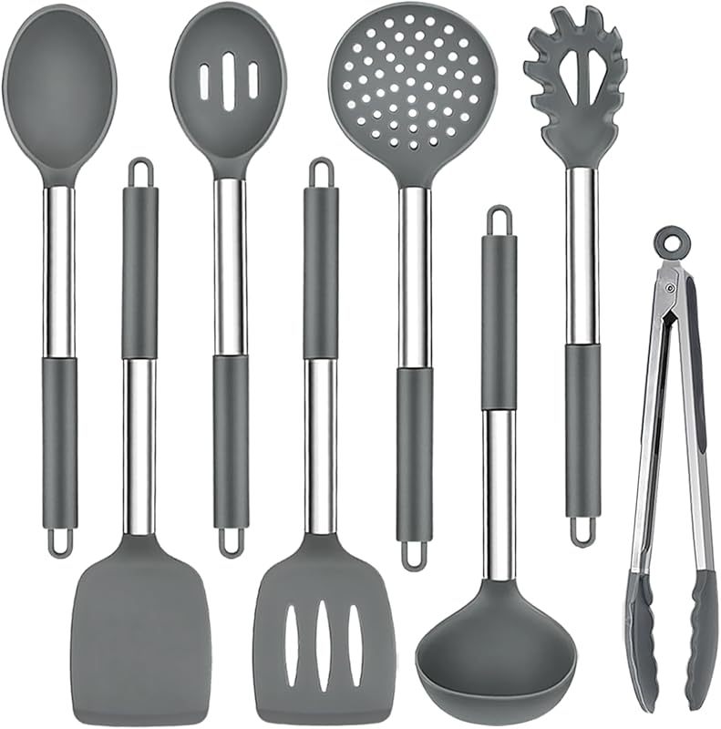 TeamFar Kitchen Utensils Set of 8, Silicone Utensils Kitchen Tools | Stainless Steel Handle, for Nonstick Cookware Frying Flipping Draining, Healthy & Anti-heat, Nonstick & Dishwasher Safe -Gray