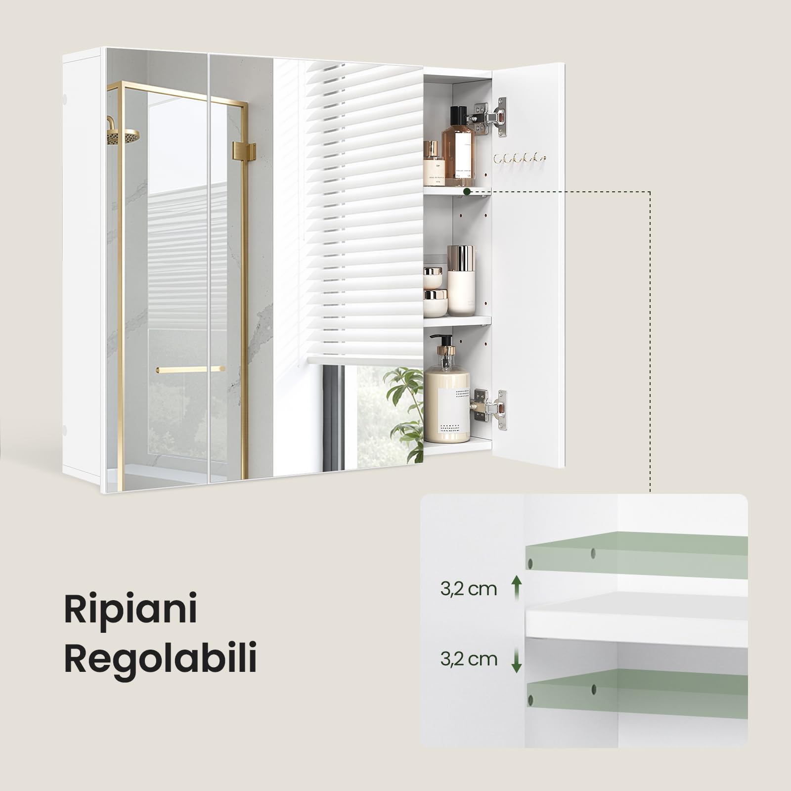 EUGAD Armadietto Bagno con Specchio, Mobile Bagno Sospeso, con 3 Ante, Ganci, Ripiani Regolabili, Stile Nordico, Bianco, 70x14,5x61 cm
