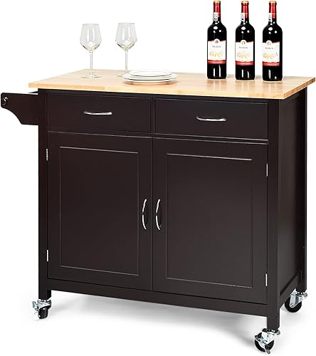 Harmony-Furniture - Isla de cocina rodante con cajones de almacenamiento, carrito de servicio con mesa de madera y armario de 2 puertas, estante