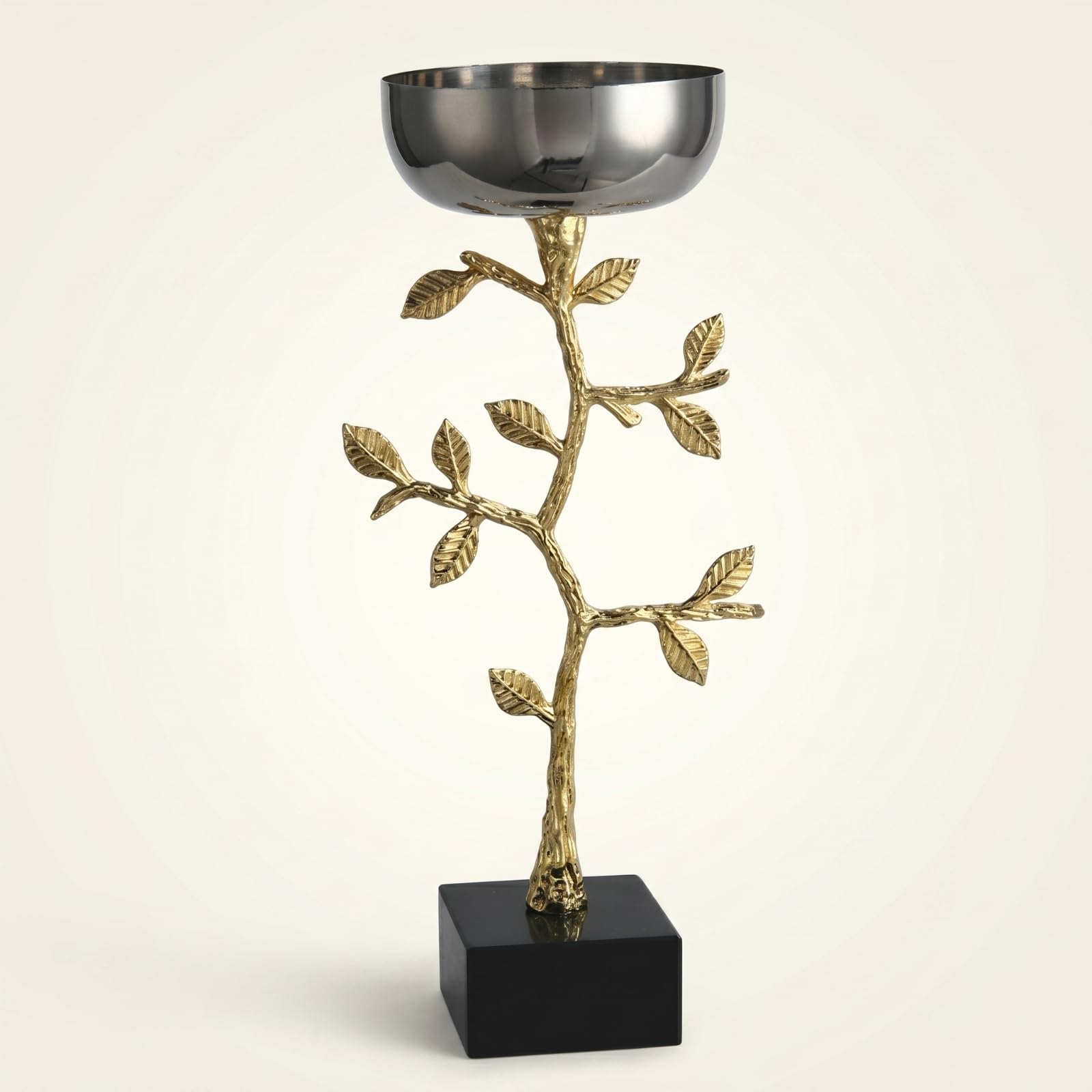 LOVIVER Portacandele Portacandela Candelabro Candeliere in Lega con Coppa in Acciaio Inossidabile E Base Quadrata Nera Stelo Dorato con Foglie Tavola Mensola, S