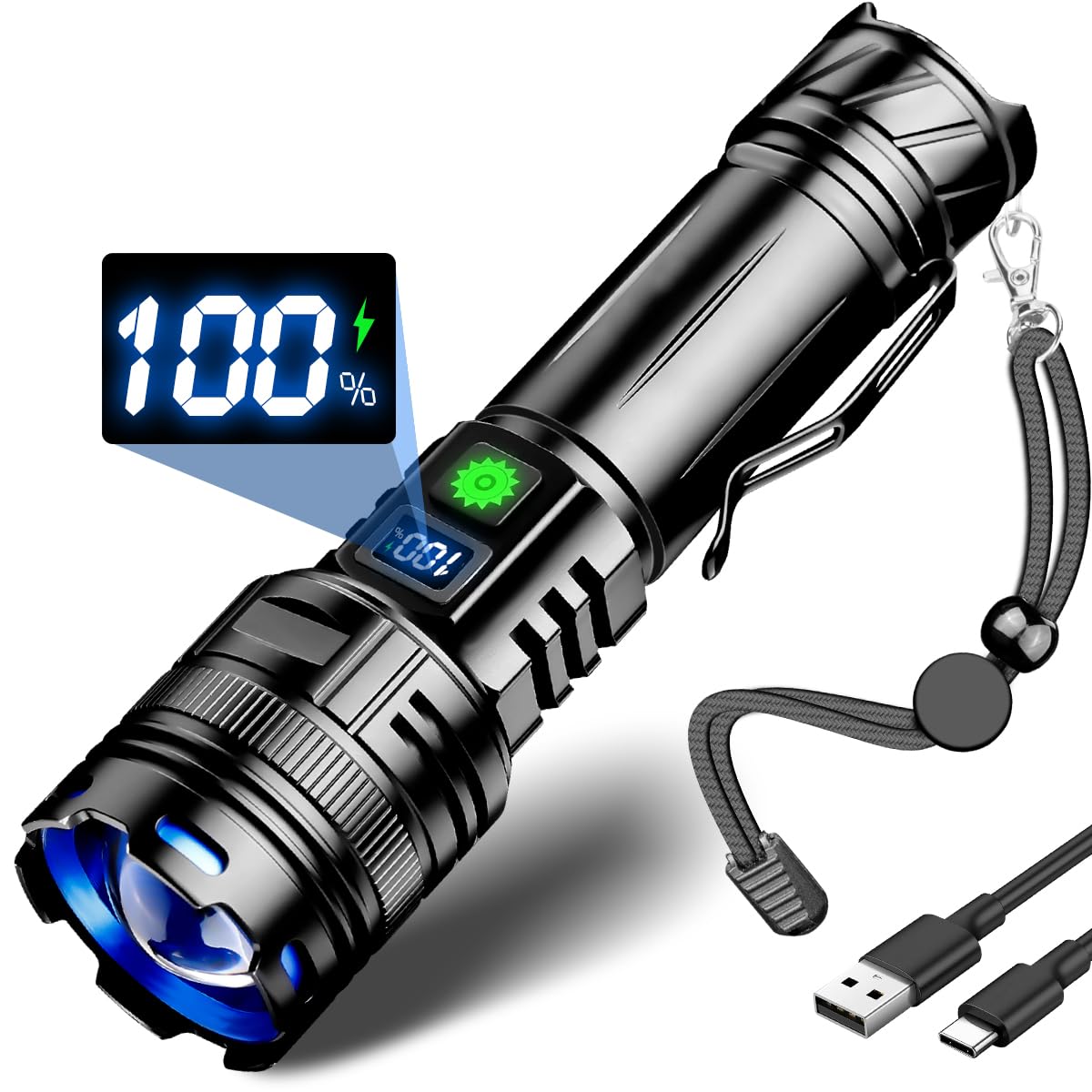 30W Rechargeable Flashlight High Lumens, 3280FT Long Range Zoomable Tactical Flashlight with Digital Display USB-C Charging, 5 Modes Waterproof Flash