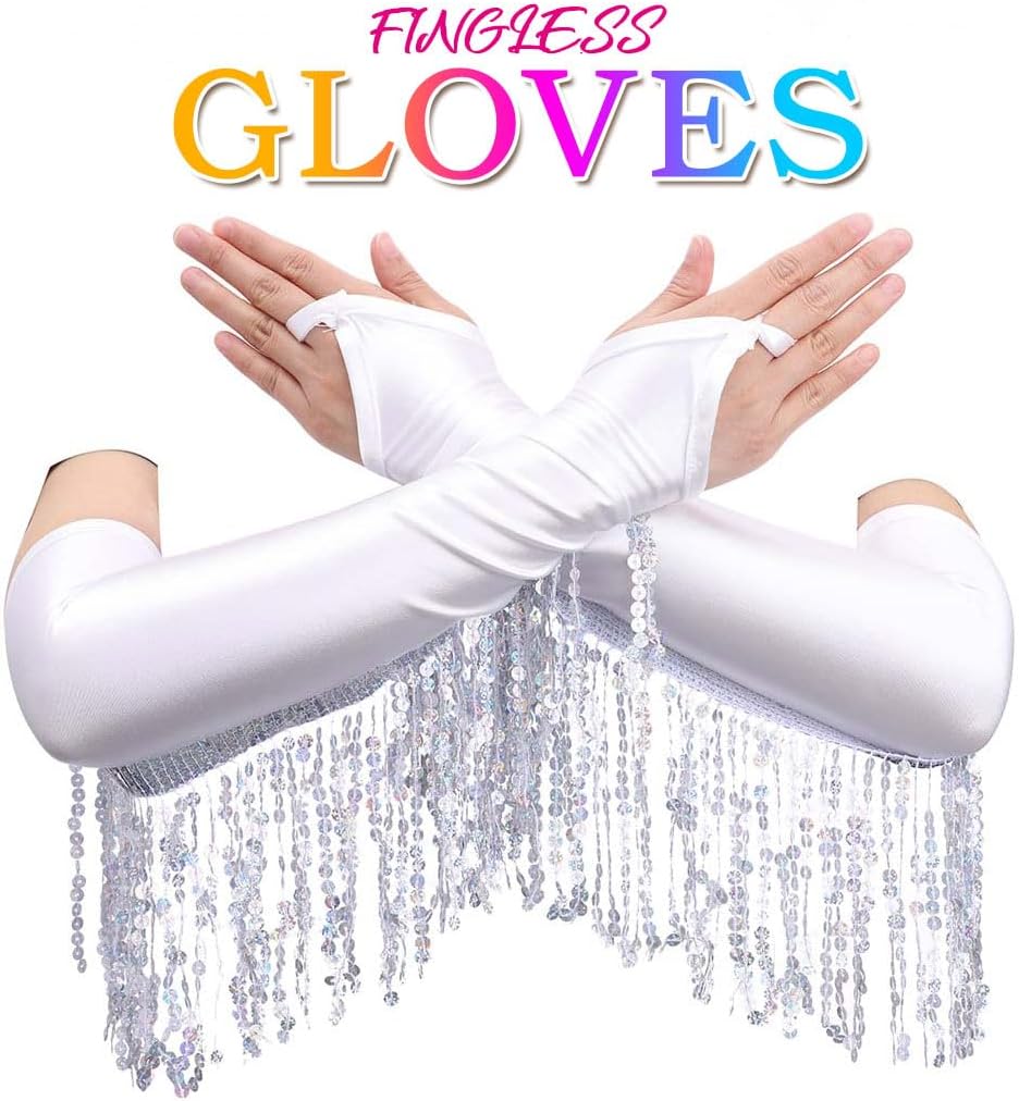 CASDRE Long Fingerless Satin Gloves Sequin Tassel 1920s Opera Gloves Elbow Length Halloween Cosplay Glove for Women and Girls - Image 3