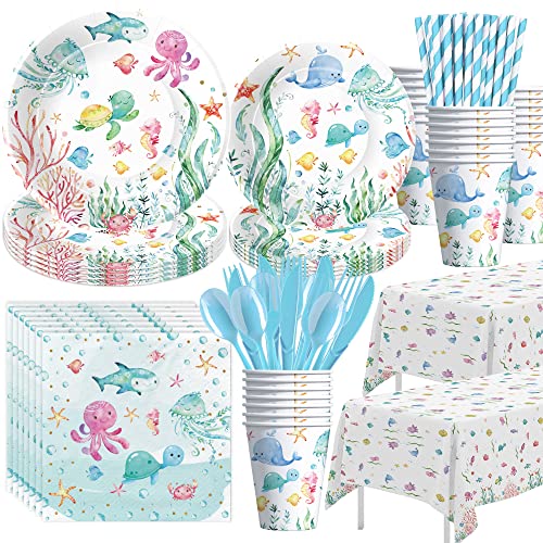 APOWBLS Under The Sea Party Decorations For Ocean Theme Birthday Baby Shower, Ocean Under The Sea Party Supplies, Plate, Cup, Napkin, Tablecloth, Cutlery, Underwater Sea Life Party Tableware, Serve 24