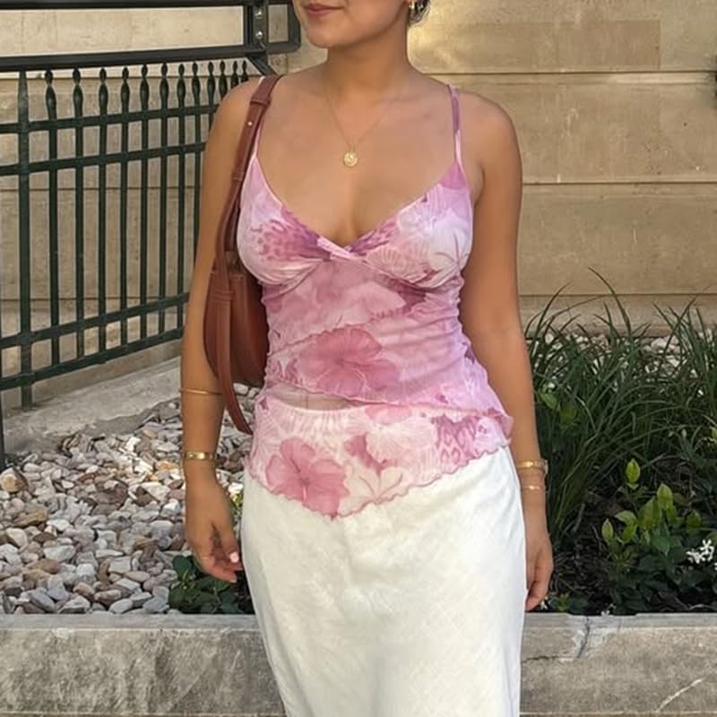Women Y2k Mesh Tank Top Camisole Floral Print Spaghetti Strap Sleeveless V Neck Going Out Tops Cami Shirts - Image 6