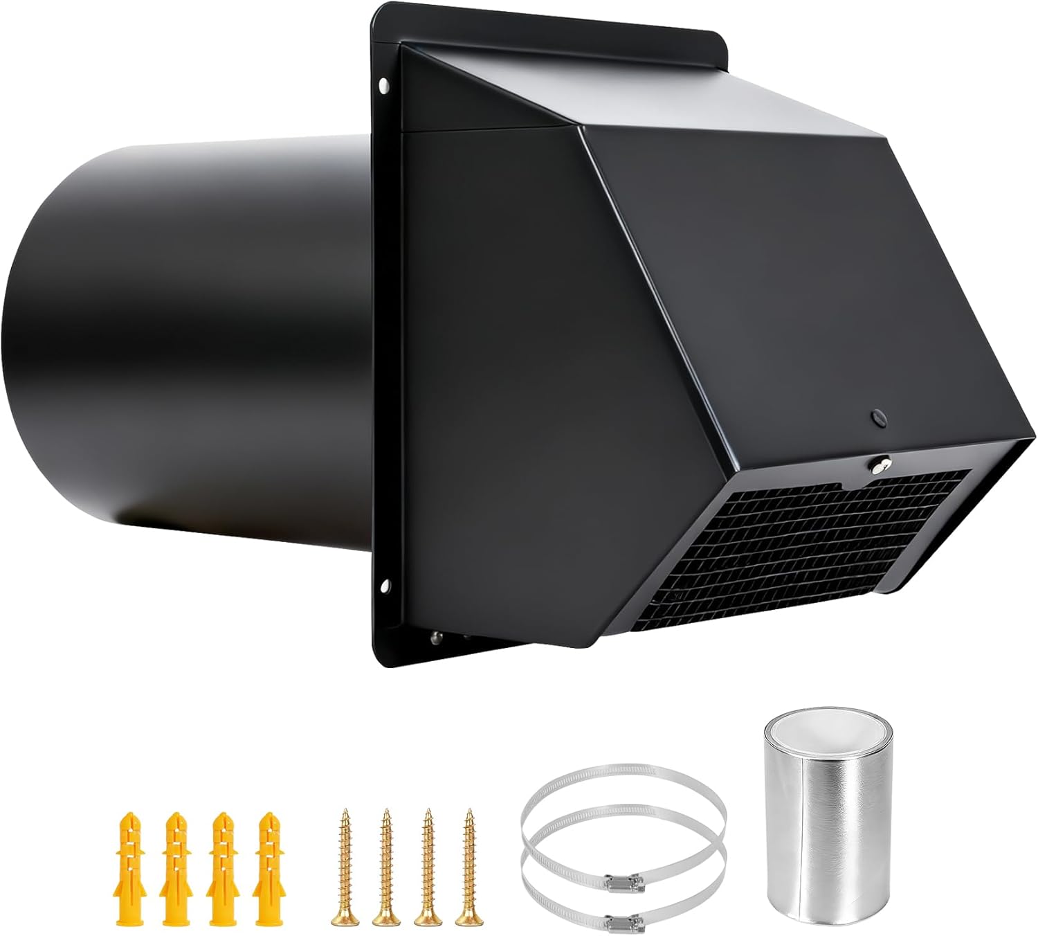 Hooded Wall Vent Cover with Screen and Damper Galvanized Steel Outside Wall Exhaust Vent Cover Cap for Kitchen Range Hood Dryer HVAC Duct Exterior Ventilation and Air Exhaust (Black, 6 Inch)