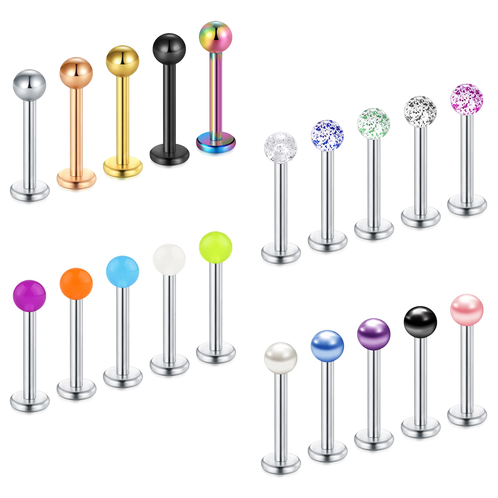 Vcmart 20 piezas Labret labio Piercing Stud 1,2mm Monroe Medusa Helix Tragus Stud 6/8/10/12mm Piercing de acero inoxidable