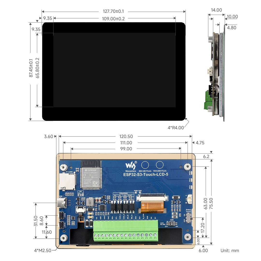 Waveshare ESP32-S3 5 Inch Capacitive Touch Display + Development Board, 1024 x 600, 178° Viewing Angle, 5-Point Touch, 32-bit LX7 Dual-Core Processor, Up to 240MHz Frequency, Support WiFi, Onboard