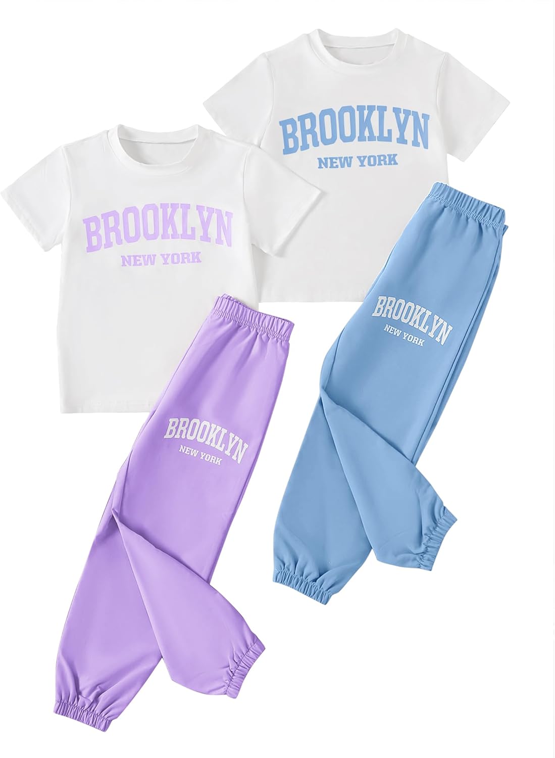 Girls 2 or 4 Piece Pants Sets Graphic Print Short Sleeve Top and Jogger Sweatpants Outfits for Kids Casual, Dance