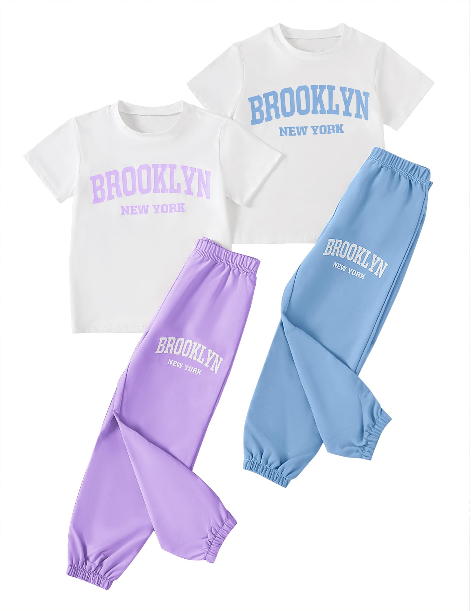 Girls 6 Piece Outfits Casual Cargo Jogger Pants and Basic Love Graphic Print Short Sleeve Top Set 4-12 Years