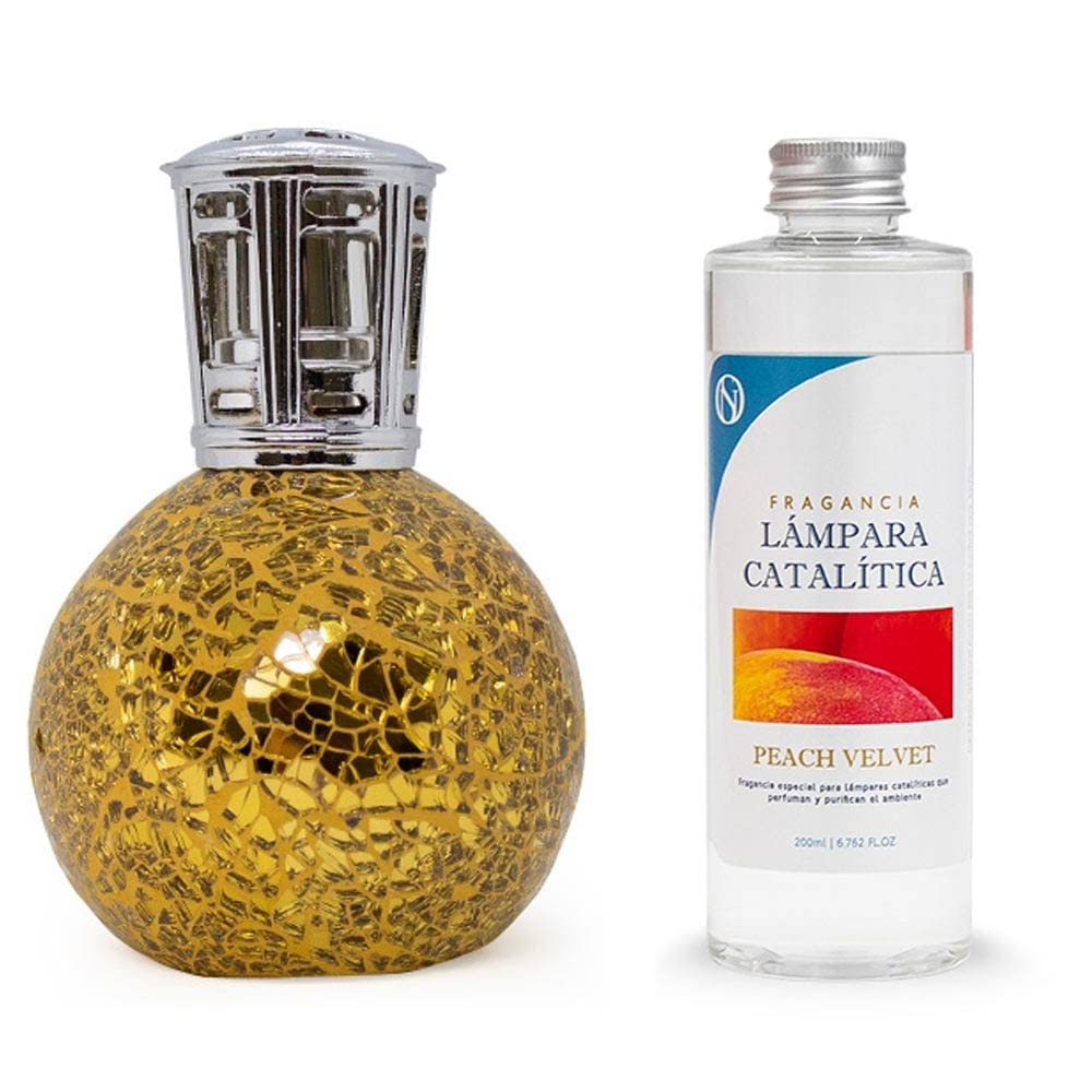 Pack Ahorro Lámpara Catalítica Mosaico Dorado + Fragancia Aroma Peach Velvet 200ml. Elimina malos olores e impurezas, perfuma y limpia.