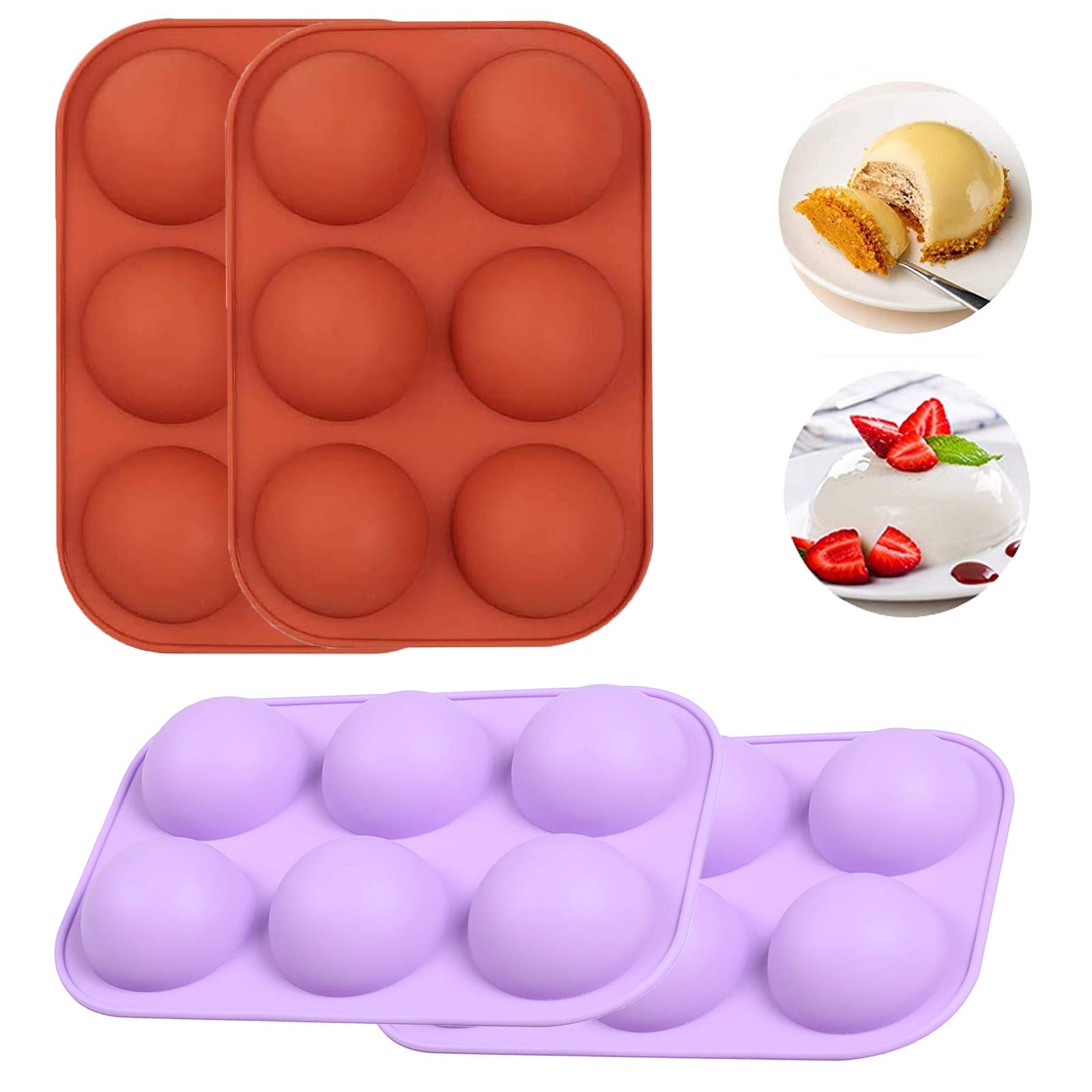WANLING 4Pack 6 Holes Semi Sphere Silicone Mold For Chocolate, Cake, Jelly, Pudding, Handmade Soap, Round Shape BPA Free Cupcake Baking Panï¼Ë†Two Purples And Two Brick Redsï¼â€°