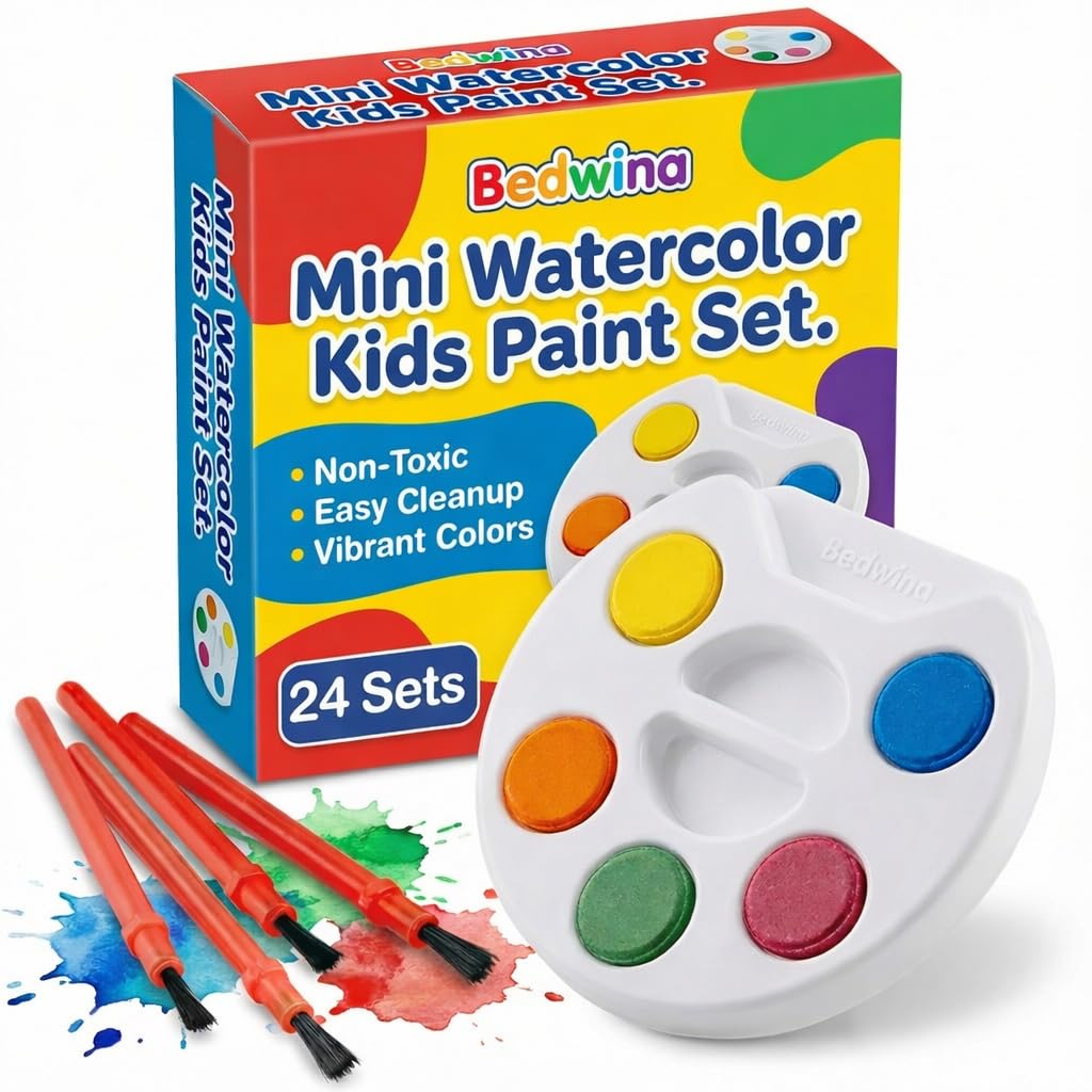 Bedwina Set di colori ad acquerello Mini per bambini - (confezione da 24) - 5 colori ad acquerello, tavolozza e pennello, per feste artistiche e forniture per feste di pittura