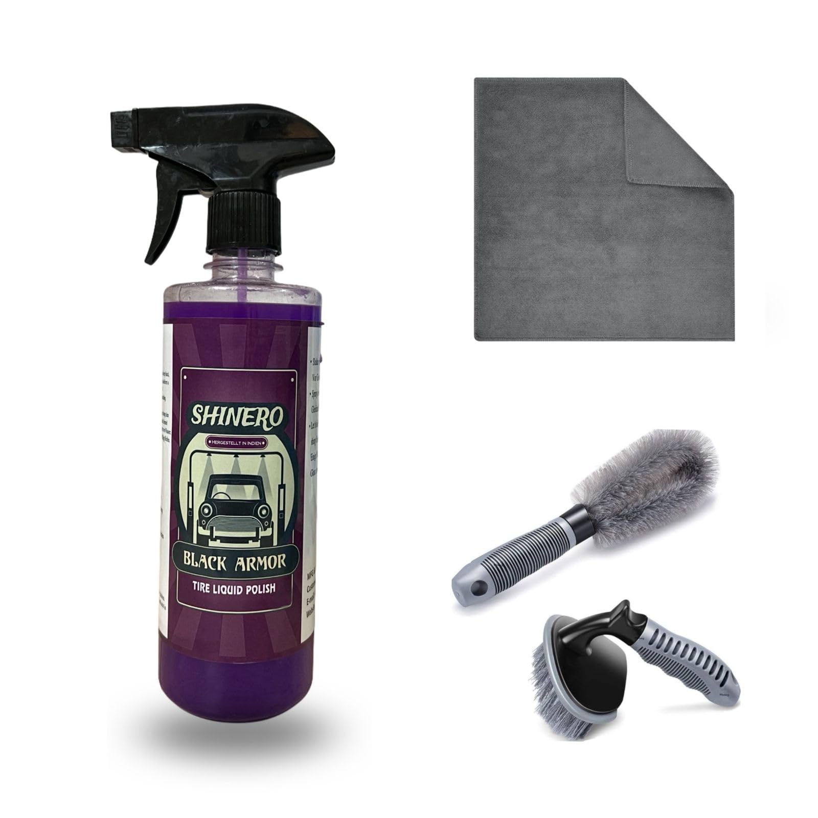 Shinero® Daily TyreShine Pack | Set of 3 | Tire Polish 500ml, Tire & Alloy Brush, 350 GSM Microfiber Cloth | Affordable Tyre Cleaning & Shine Kit for Cars & Bikes-image-25