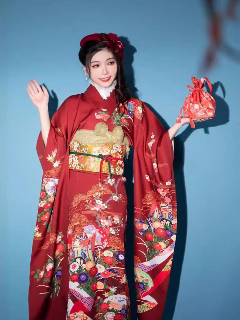 Damskie tradycyjne kimono haftowane Pretta Showa Retro Kimono, kwiaty, Kimono, długi, wiosenny zestaw 2 szt
