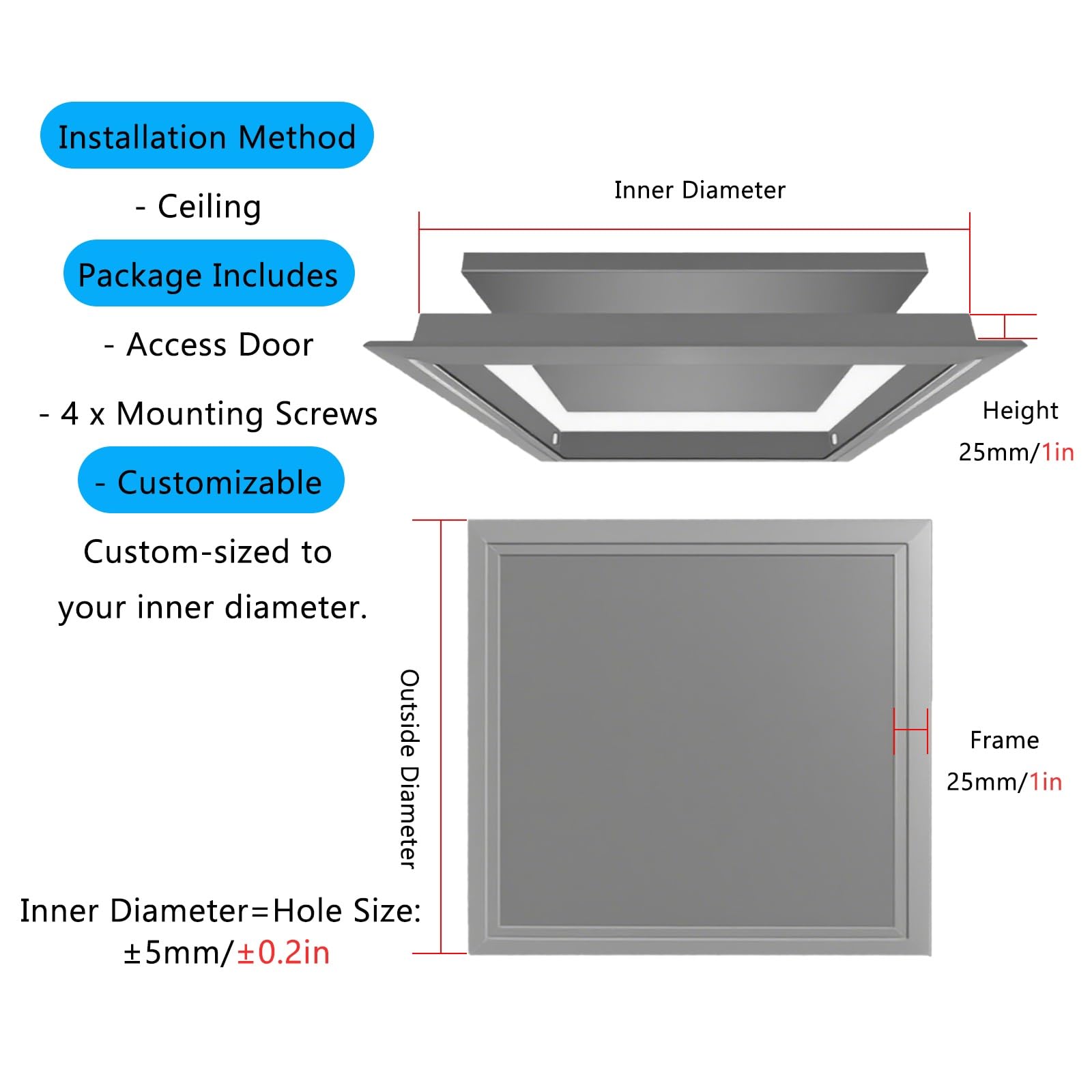 Wodoodporny panel dostępowy ze stopu aluminium – szare drzwi do montażu podtynkowego(762x762mm)