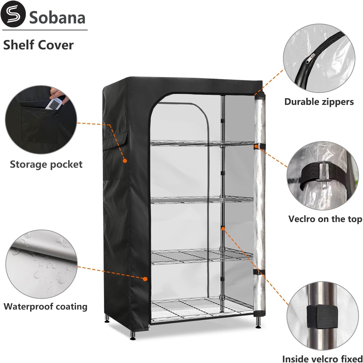 Waterproof Storage Shelf Cover,60 x 24 x 72 Inch Wire Shelving Rack Cover with Clear Front Panel,Dustproof Shelving Unit Covers,Black