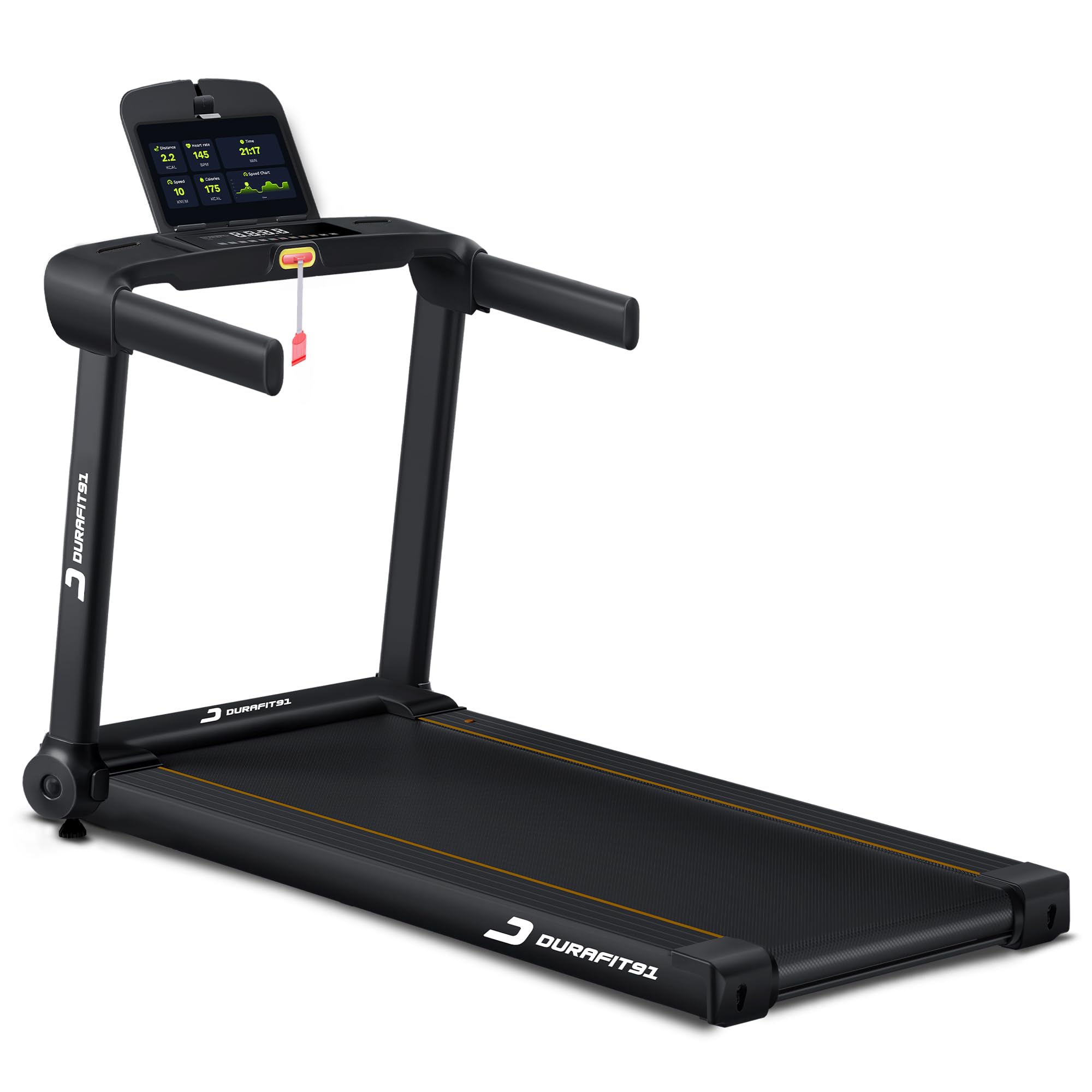 91-Durafit Racer 5 HP Peak BLDC Motorized Treadmill | 120 Kg User Weight| 16 Km/Hr Max Speed| Hydraulic Foldable| Bluetooth Speaker | Wynd app | Home use