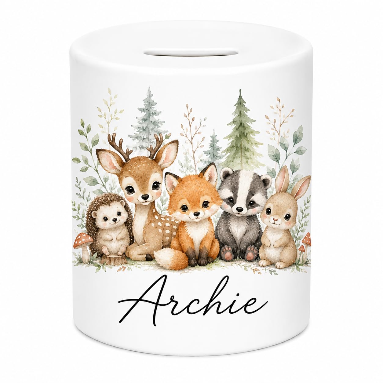 Personalised Woodland Animals Ceramic Money Box – Custom Kids Coin Bank with Any Name – Forest Animal Piggy Bank for Boys & Girls – Nursery Savings Pot Keepsake Gift