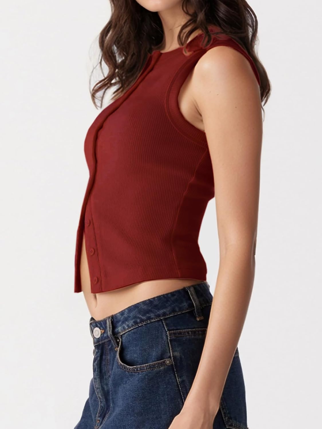 Women’s Button Down Tank Tops Ribbed Summer Vest Button Up Open Front Sleeveless Slim Fit Crop Going Out Tops - Image 3