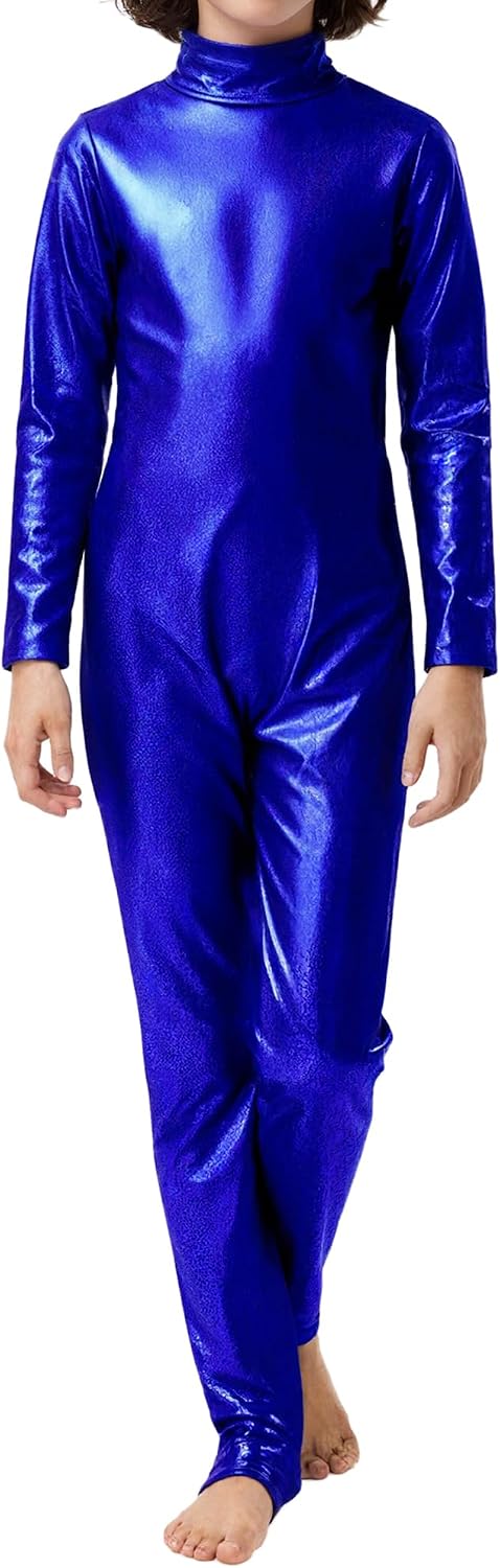 Carnavalife Girls Metallic Long Sleeve Stirrup Catsuit Shiny Bodysuit for Dance, Gymnastics or Costume