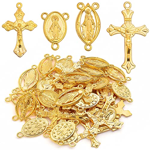 Aylifu 40pcs Golden Rosary Cross Charms and Center Miraculous Medal