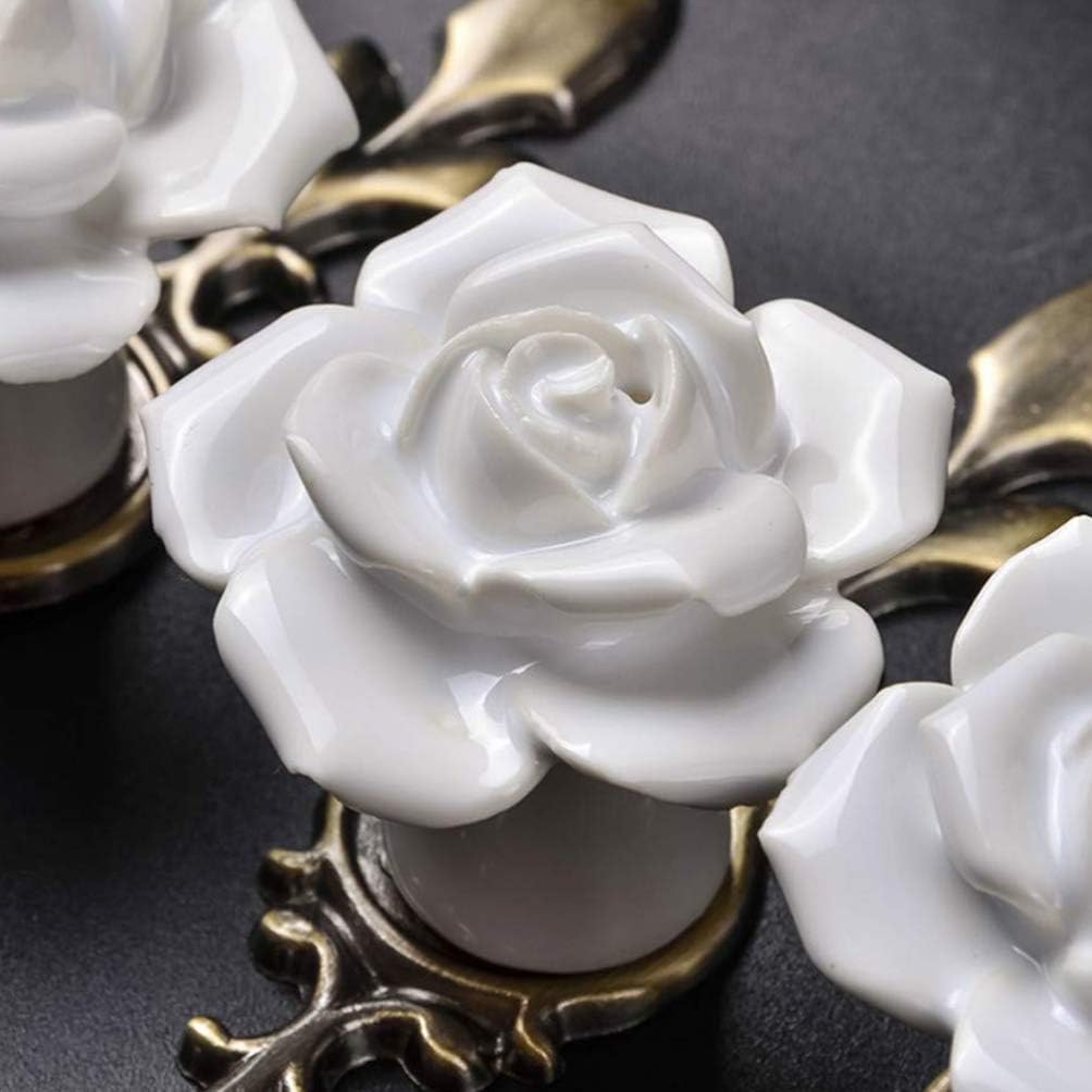 BESPORTBLE Ceramic Rose Flower Cabinet Knobs with Green Bronze Backplate, Vintage Kitchen Drawer Pull Handles for Dresser Cupboard Wardrobe, 2 Pack (White)