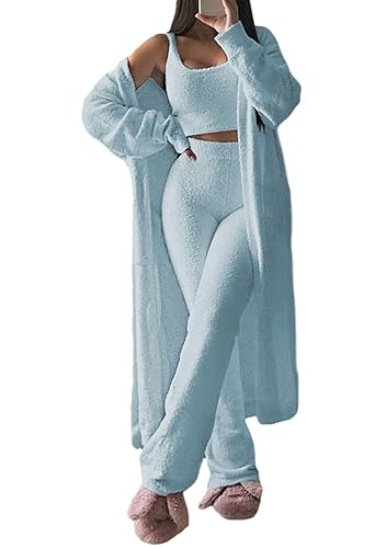 Fixmatti Women's Fuzzy 3 Piece Sweatsuit Open Front Cardigan Crop Tank Tops Wide Legs Pants Lounge Sets -light Blue