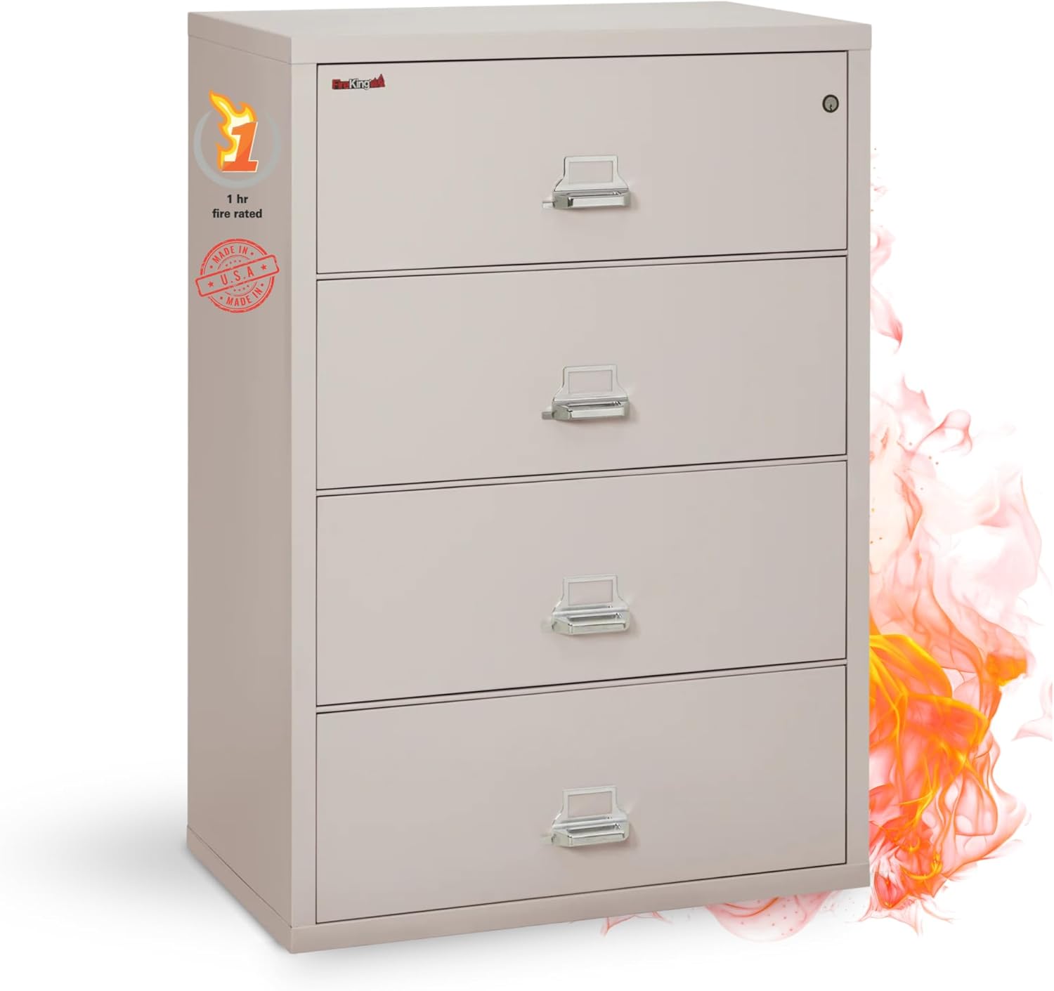 Fireking Fireproof Lateral File Cabinet (4 Drawers, Impact Resistant, Water Resistant), 38" W x 22" D, Platinum, Made in USA