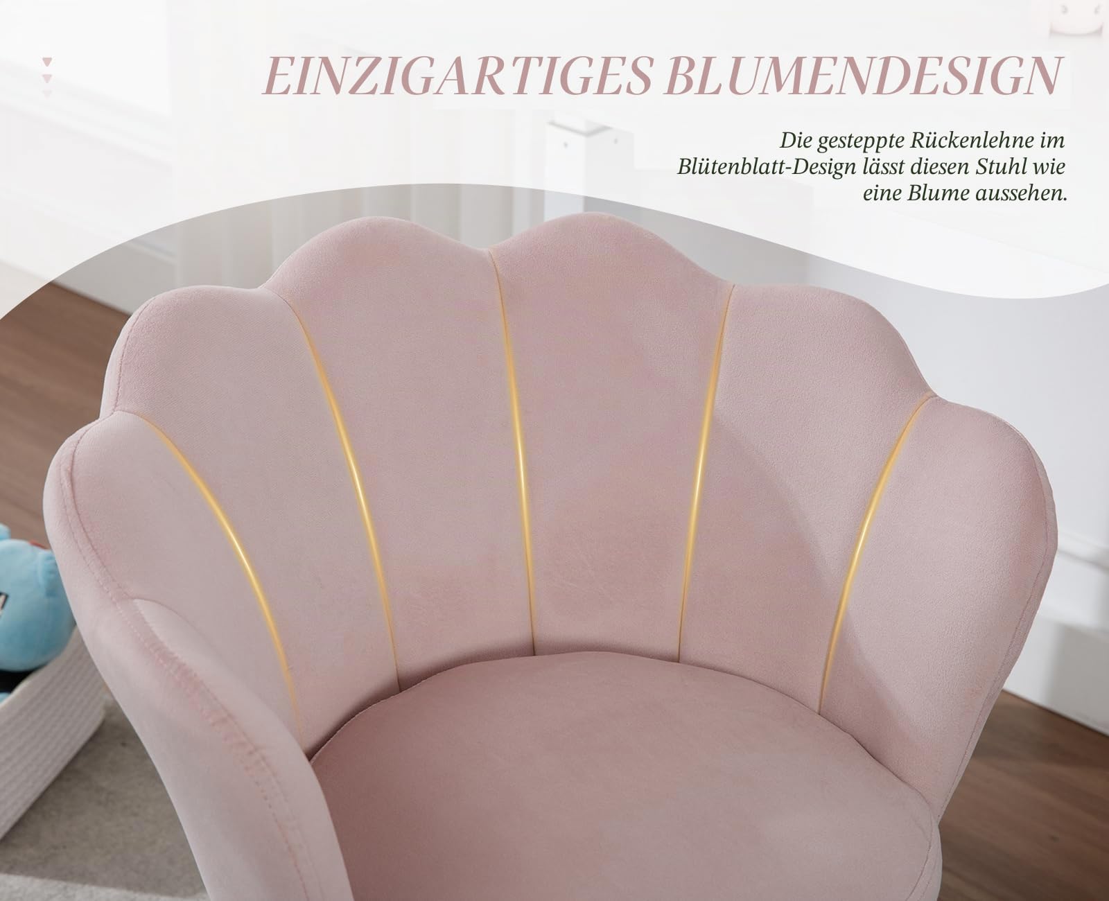 Ya-Home Drehstuhl Kinder Samt Schreibtischstuhl höhenverstellbar Blütenblatt Design gepolsterter Stuhl Bürostuhl für Jungen und Mädchen,Rosa