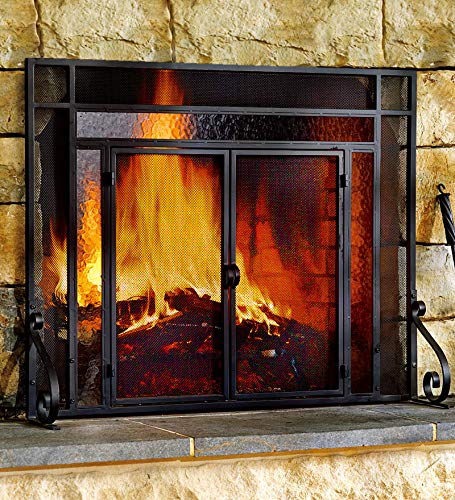 Plow & Hearth Metal Fireplace Screen Glass Flatguard Black | 38" W X 31" H | 2 - Door | Spark Guard Indoor Grate | Iron Fire Place Cover | Wood Burning Stove Decorative Accessories #TOP5