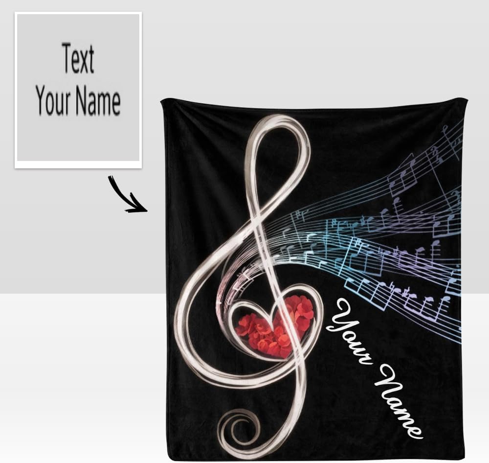 Custom Blanket with Name Text,Personalized Treble Love Music Note Super Soft Fleece Throw Blanket for Couch Sofa Bed (50 X 60 inches)