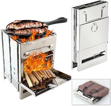 Camping Wood Burning Stove,Stainless Steel Compact Portable Foldable Camping with Ash Catcher,Grill Grid, Storage Bag for Backpacking Hiking Camping Cooking BBQ Picnic (Silver Small)