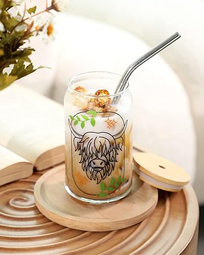 Miniatura 6 de Nefelibata Highland Cow - Taza de café helado de cerveza, vaso floral escocés, 16 onzas, vidrio bohemio con tapa grabada, regalo de oficina, regalo