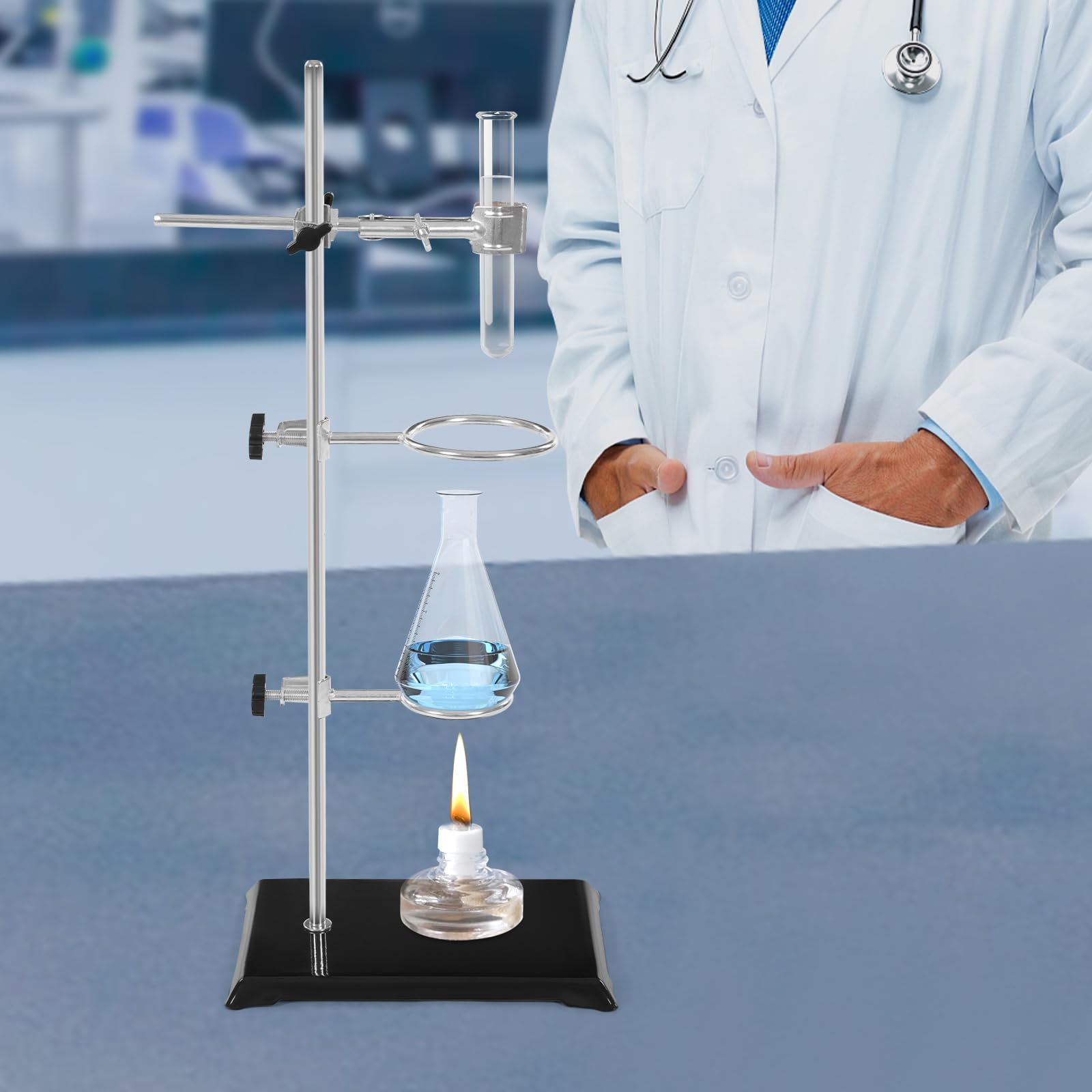 Supporto per laboratorio, 13 x 21 cm, lunghezza asta 50 cm, con morsetto regolabile in altezza, per esperimenti chimici e fisici