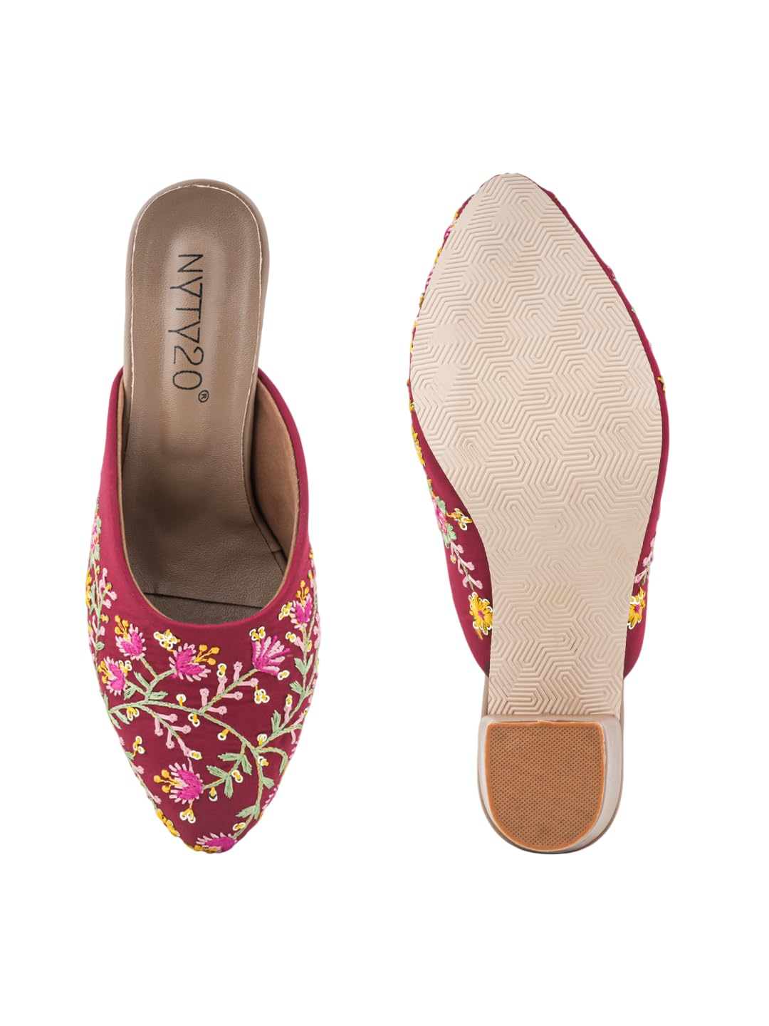 Women’s Maroon Floral Embroidered Mule Heels – Block Heel Slip-On Ethnic Party Footwear for Casual, Festive & Wedding Use-image-13