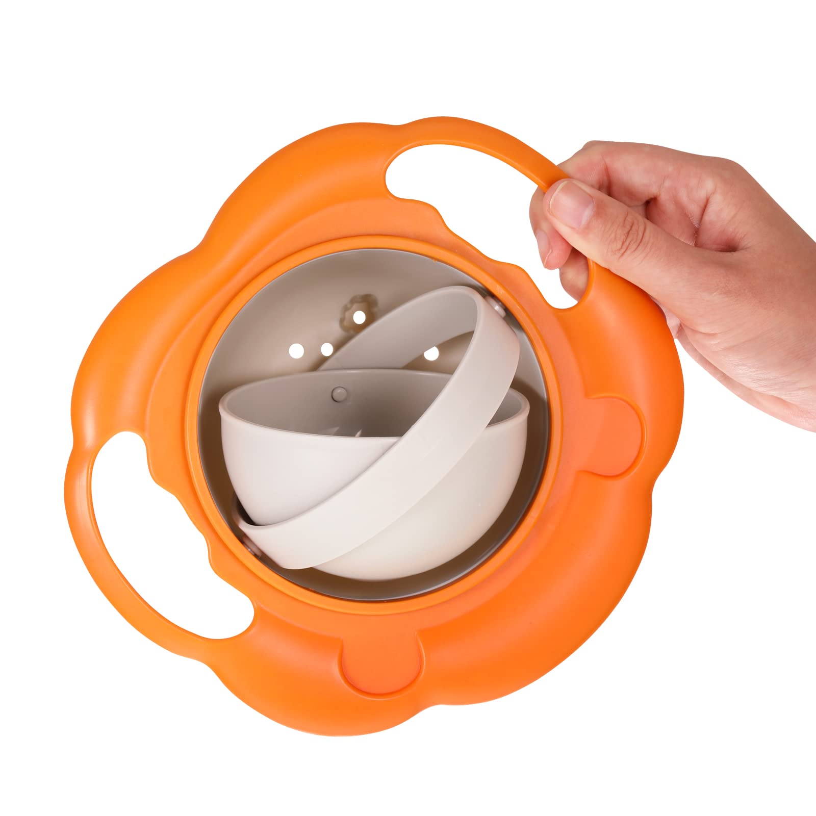 Vokmon 360 Degree Rotating Gyro Bowl, Unspillable Snack Lion Balance Bowl Anti-Scald Anti-Fall Eating Bowl (Tea White)