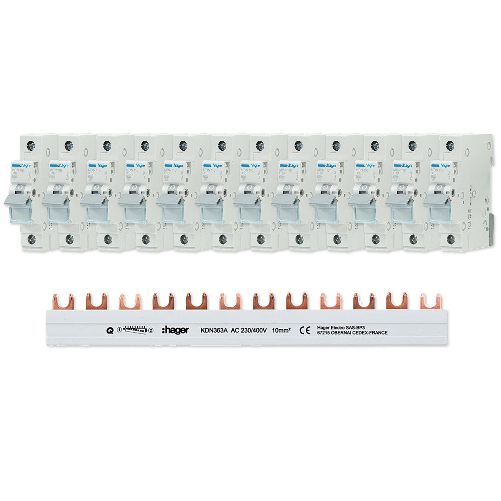 Hager Set 12x LS-Schalter 16A MBN116 & 3-polige Phasenschiene KDN363A