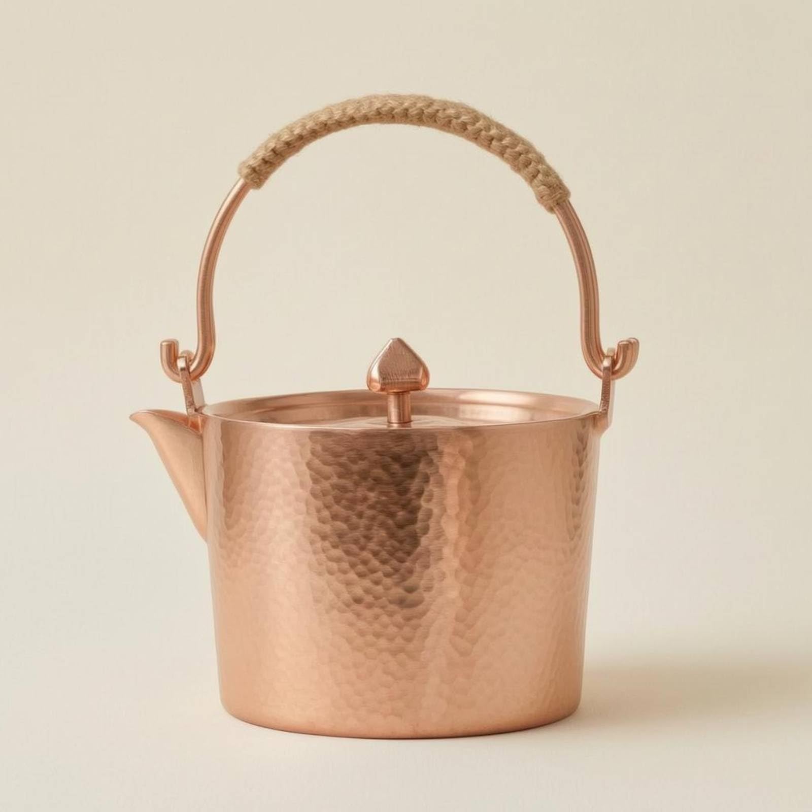 Bollitore in Rame Bollitore Teiera Caraffa Pentola Artigianale Rame Puro Beccuccio Preciso Manico Rivestito in Corda Confort per Preparazioni Calde E, Rame Originale, 1 Litro